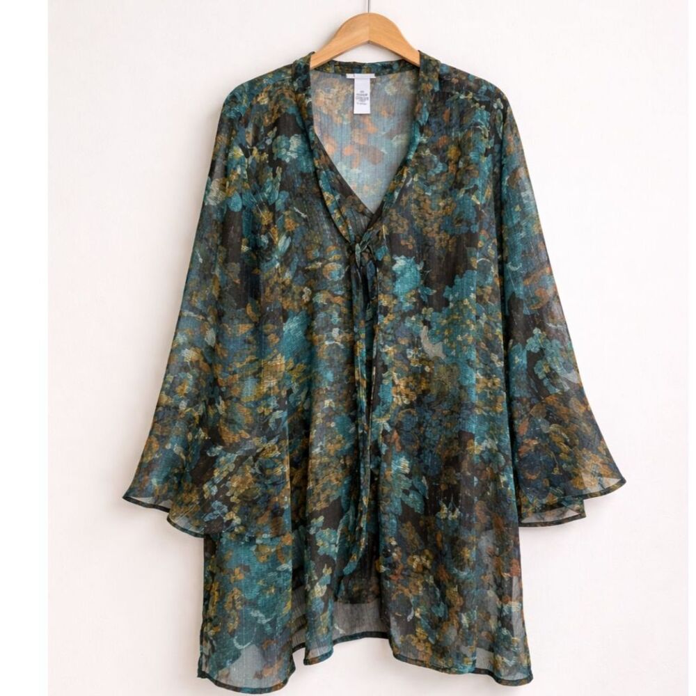 Catherines 5X Teal Gold Floral Lurex Tie-Neck Flutter Sleeve Blouse